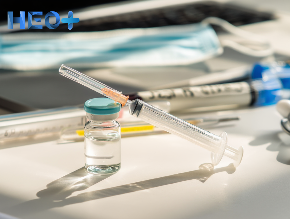 Шприц и ампула с лекарством на столе